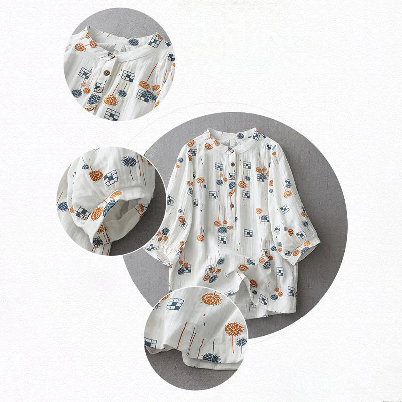 Buddha Stones Printed Half Button DesignThree Quarter Gathered Sleeve Women's Cotton Shirt