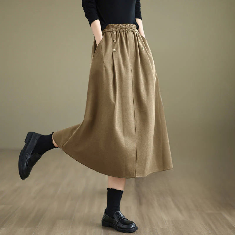 Buddha Stones Women's Winter Pure Color Cotton 7-8 Length Elastic Waistband Skirt With Pockets
