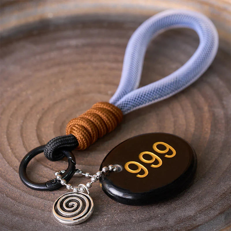 Buddha Stones Wishing Closure and New Beginnings 999 Angel Number Natural Black Obsidian Key Chain Hanging Decoration Includes Gift Message Card