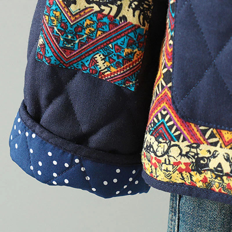 Buddha Stones Ethnic Frog-button Patchwork Women's Thickened Cotton Long Sleeve Jacket With Pockets