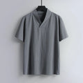 Buddha Stones Loose Men's T-Shirt Solid Color Top Short Sleeve V Collar Breathable Linen Shirt
