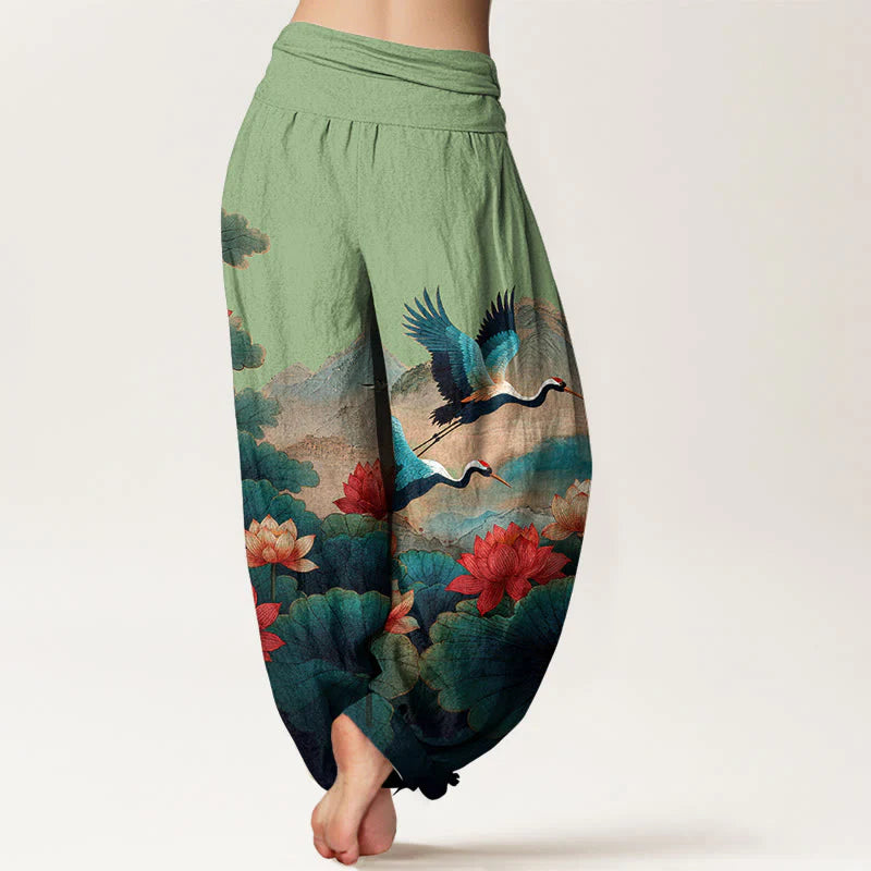 Buddha Stones Cotton Classical Lotus Flower Leaf Crane Mountain Pattern Women's Elastic Waist Harem Pants