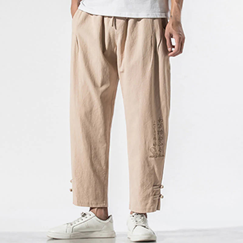 Buddha Stones Summer Chinese Characters Embroidery Men's Cotton Linen Pants With Pockets