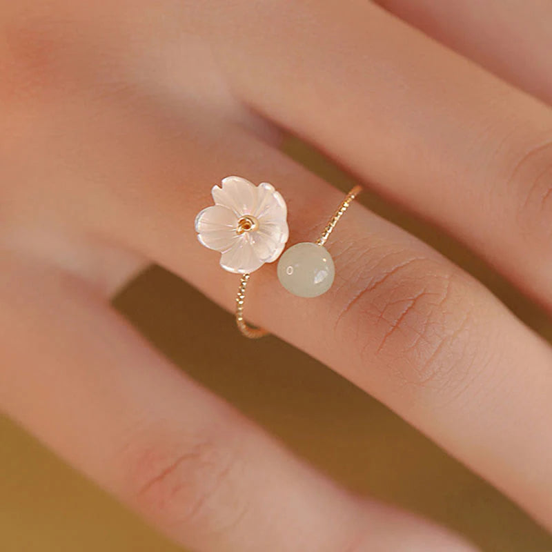 Buddha Stones 14k Gold Plated Round Hetian Jade Tridacna Stone Peach Blossom Flower Butterfly Prosperity Adjustable Ring (Extra 35% Off | USE CODE: FS35)