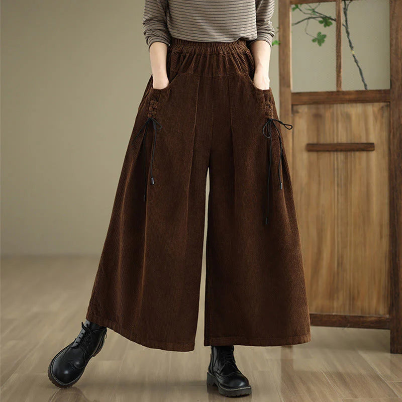 Buddha Stones Women's Pure Color Drawstring Design Wide Leg Corduroy Pants With Pockets