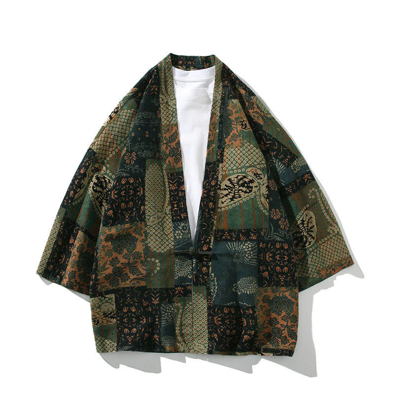 Buddha Stones Geometry Floral Stripes Butterfly Ink Open Front Half Sleeve Jacket Cotton Men's Kimono