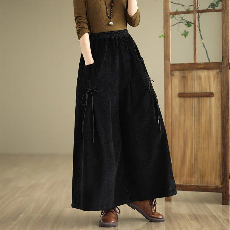 Buddha Stones Women's Pure Color Drawstring Design Wide Leg Corduroy Pants With Pockets