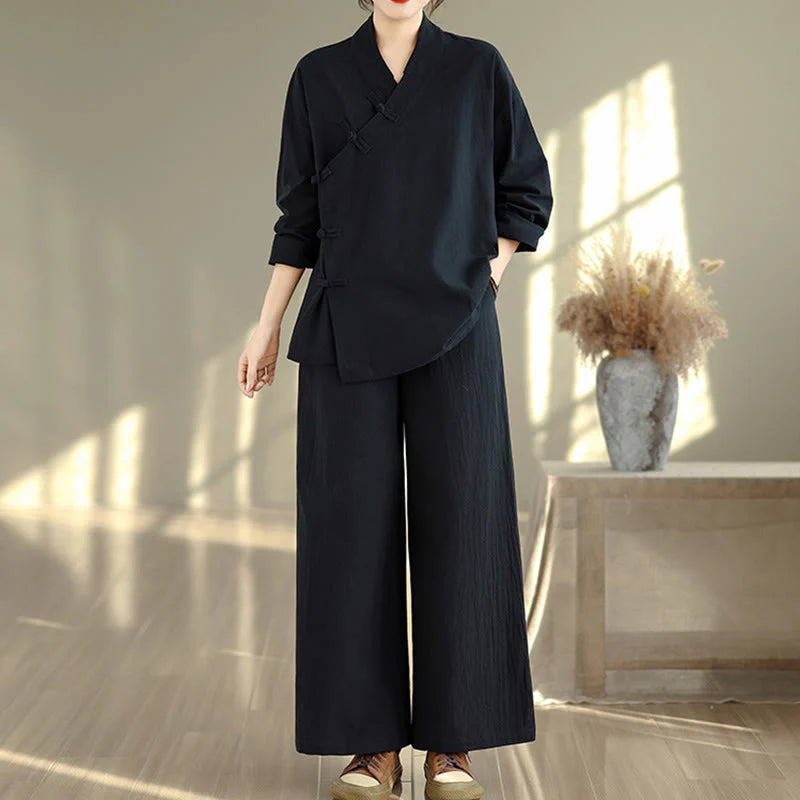 Buddha Stones 2Pcs V-Neck Long Sleeve Shirt Wide Leg Pants Zen Meditation Women's Set