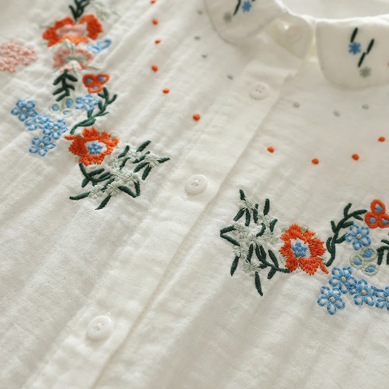 Buddha Stones Fall White Colorful Floral Embroidery Buttons Women's Cotton Long Sleeve Shirt