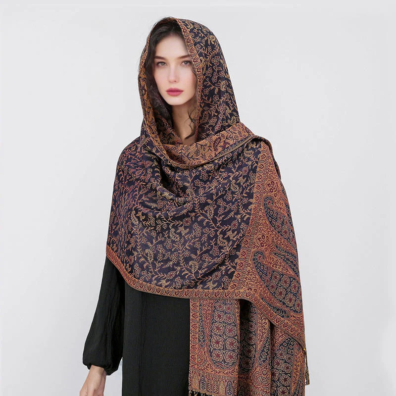 Buddha Stones Tibetan Jacquard Paisley Flower Pattern Color Contrast Design Tassel Cozy Scarf Shawl