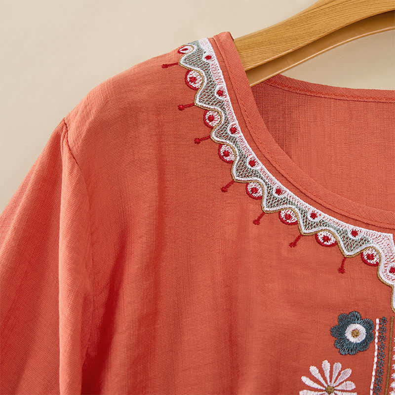 Buddha Stones Spring Boho Embroidered Cotton Linen Elbow-Length Sleeve Women's T-Shirts