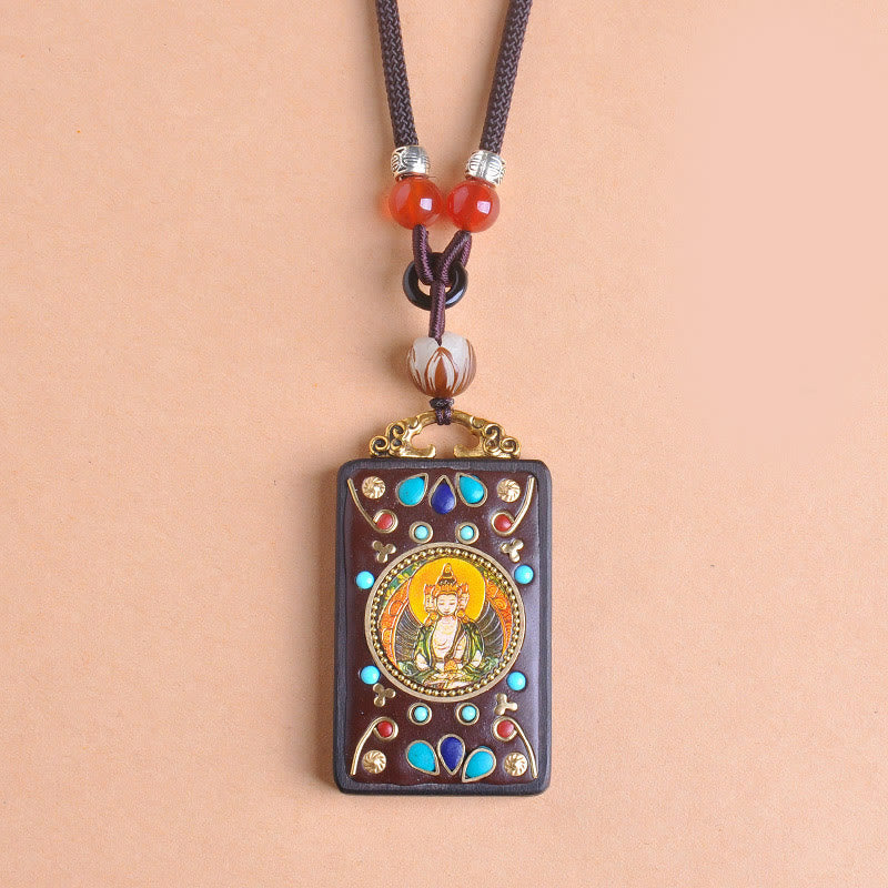 Buddha Stones Thangka Yin Yang Copper Coins Ebony Wood Zakiram Balance Pendant Necklace