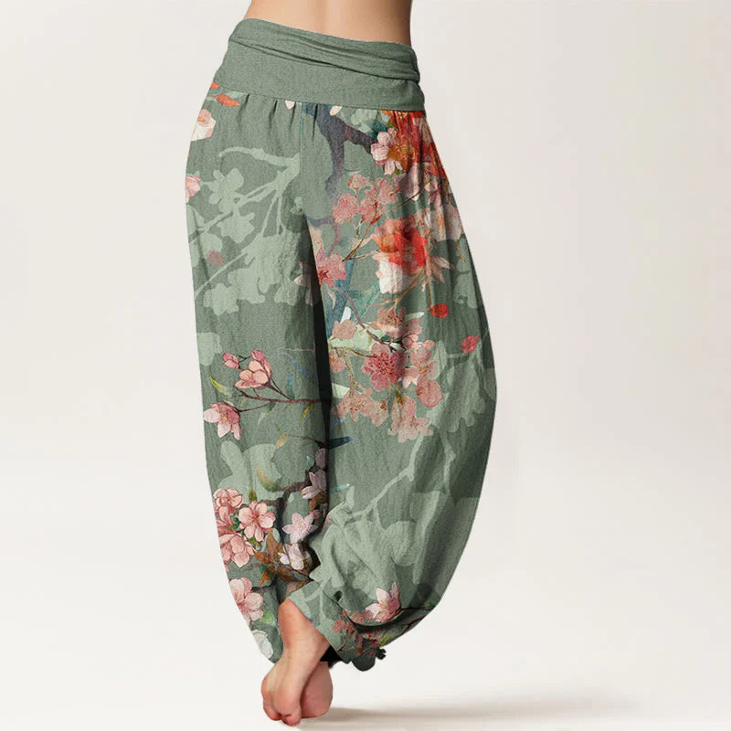 Buddha Stones Cotton Red Pink Blooming Flowers Lush Branches Women's Elastic Waist Harem Pants