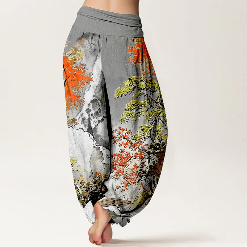 Buddha Stones Pure Cotton Color Coordinated Landscape Tree Pattern Women's Elastic Waist Harem Pants