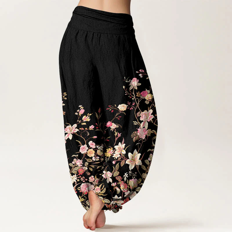Buddha Stones Pure Cotton Exquisite Colorful Flower Pattern Women's Elastic Waist Harem Pants