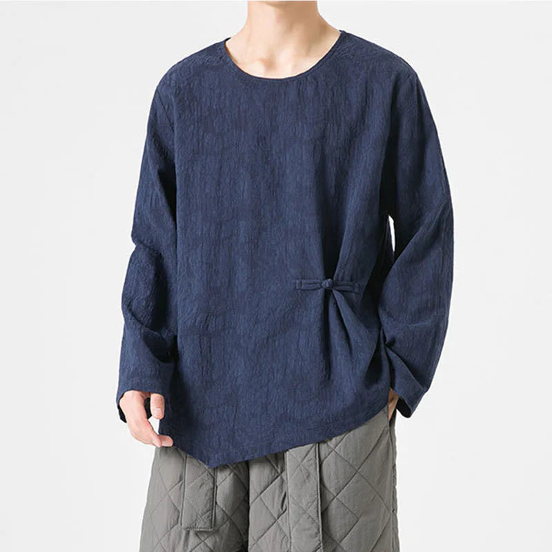 Buddha Stones Men's Chinese Frog-Button Plain Design Cotton Long Sleeve T-Shirt Zen Clothing