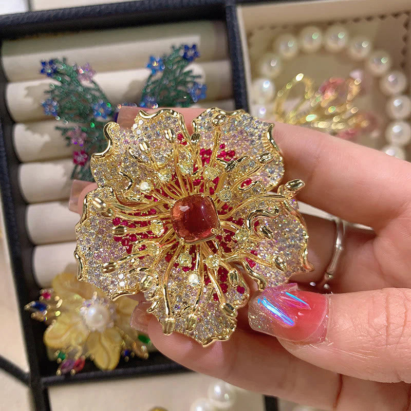 Buddha Stones Peony Flower Prosperity Copper Brooch