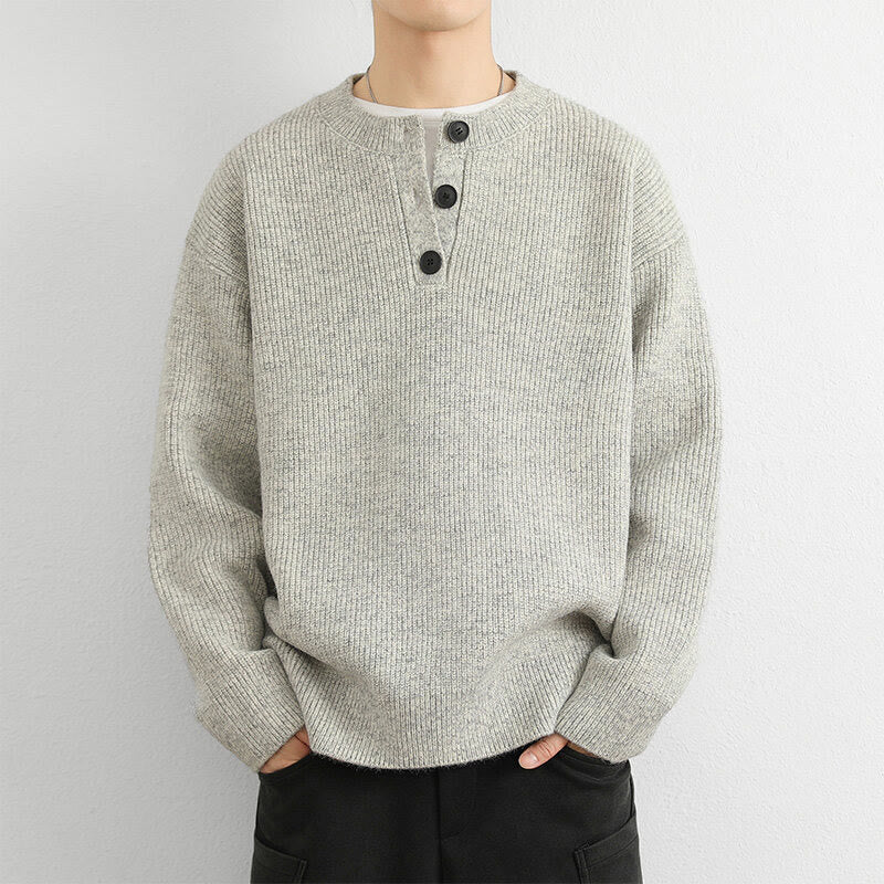 Buddha Stones Winter V-Neck Buttons Ribbed Design Warm Men's Long Sleeve Knitted Sweater