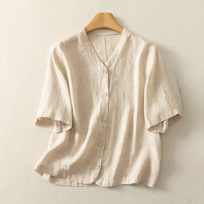 Buddha Stones Summer Solid Color V-Neck Buttons Simple Design Women's Short Sleeve Shirt