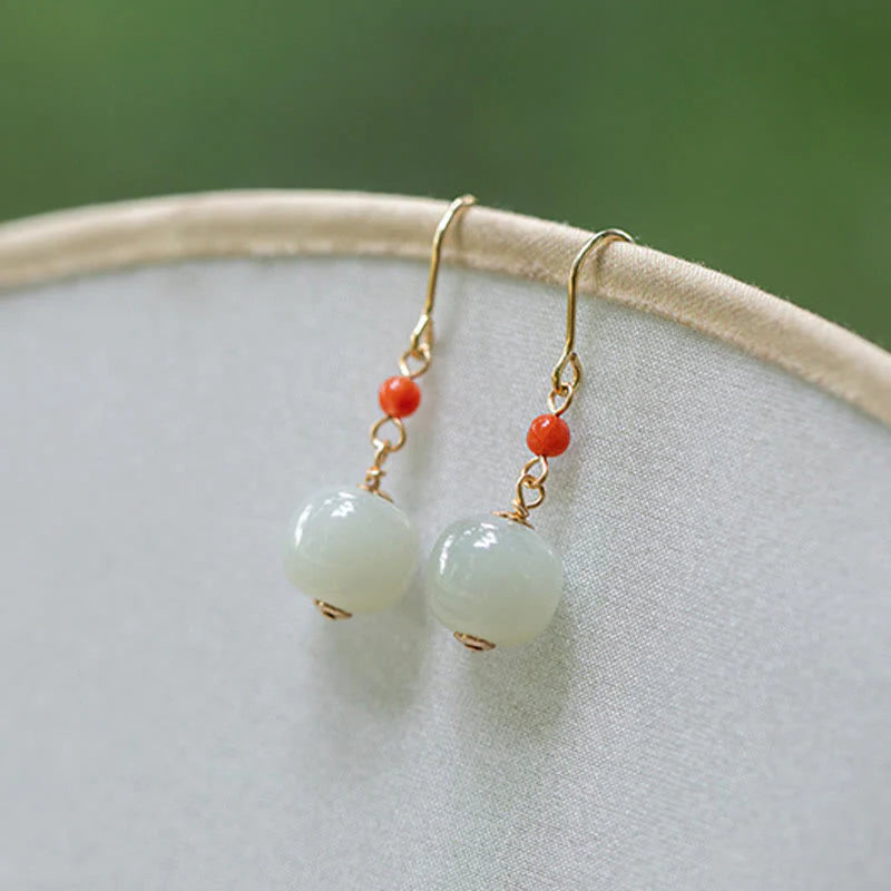Buddha Stones 925 Sterling Silver Plated 14k Gold Hetian Jade Red Agate Luck Drop Dangle Earrings