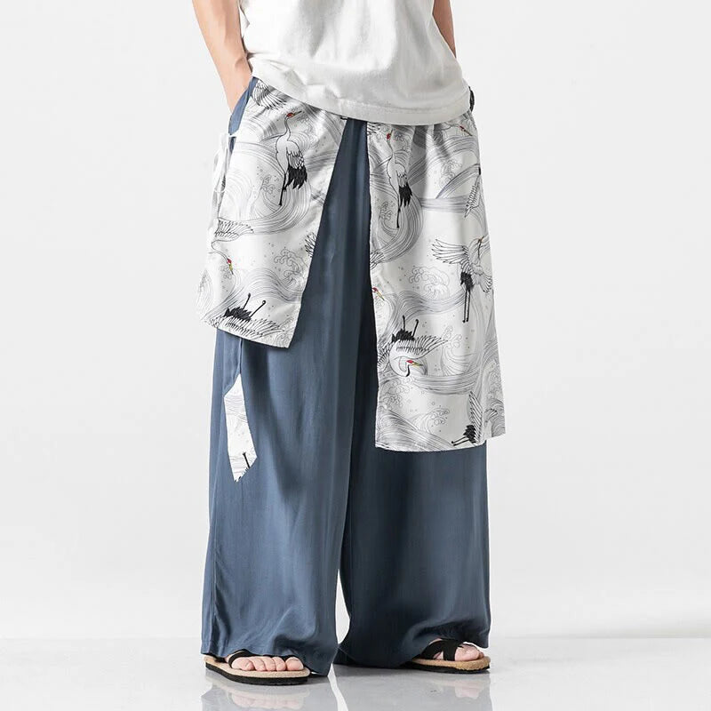 Buddha Stones Summer Flying Crane Design Cotton Men's Wide Leg Pants With Pockets