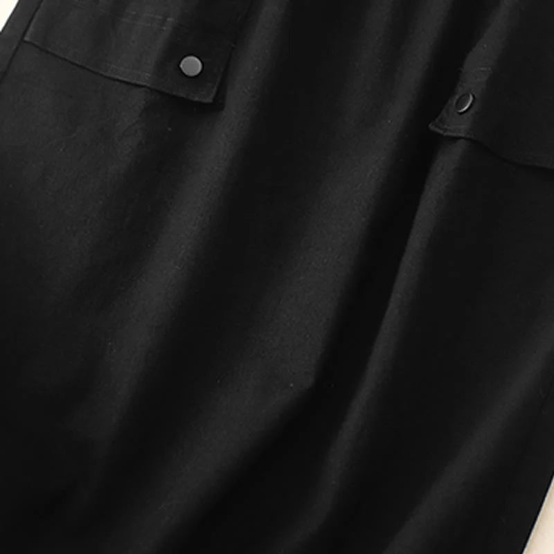 Buddha Stones Vintage Plain Drawstring Button Design Slide Slite Women's Cotton Linen 7-8 Length Skirt With Pockets