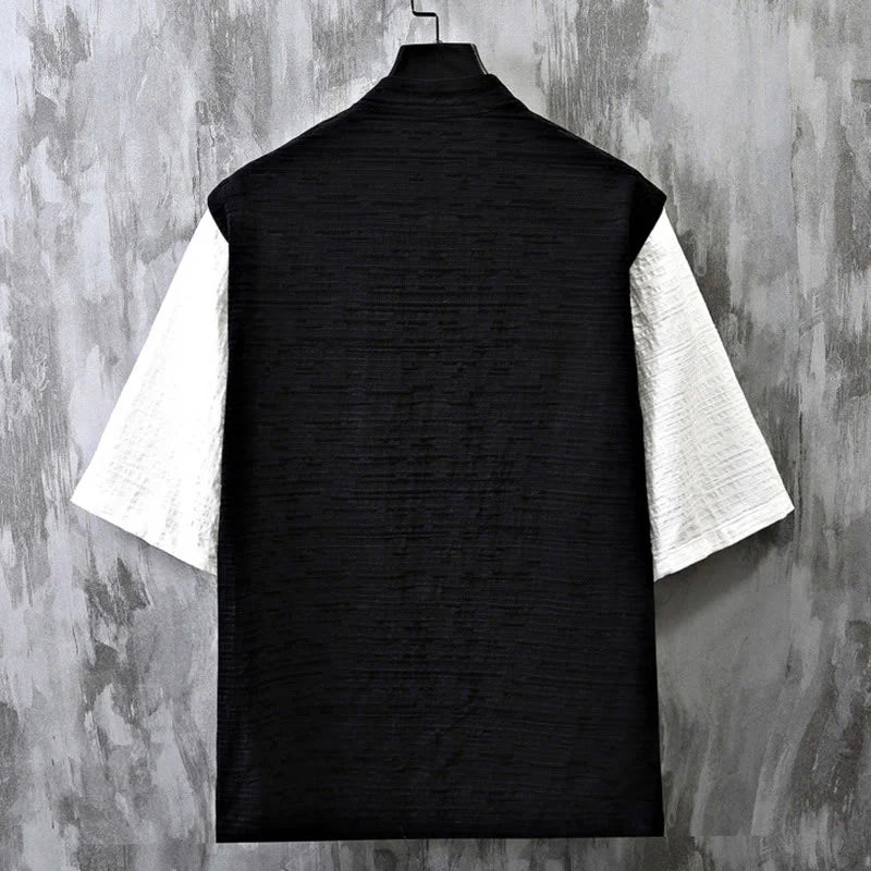 Buddha Stones Summer Patchwork Color Design Men's Half Sleeve Cotton Linen Shirt