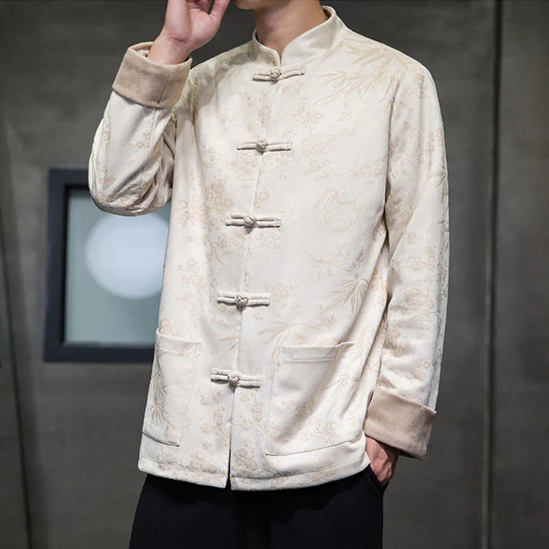Buddha Stones Chinese New Year Clothes Flowers Bamboo Solid Color Cuff Frog-button Tang Suit Cotton Men's Jacket Shirt With Pockets