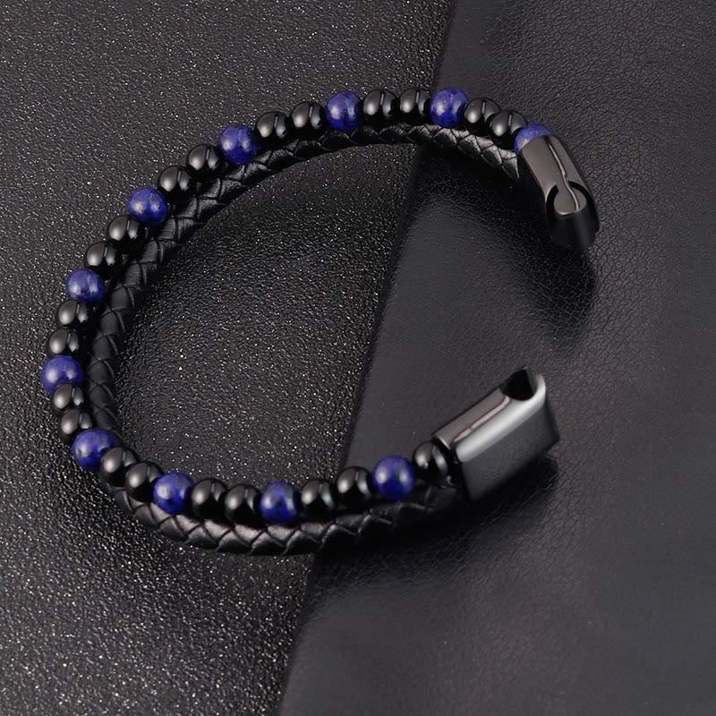 Buddha Stones Black Onyx Lazurite Lapis Lazuli Titanium Steel Positive Self Care Leather Bracelet