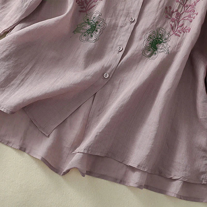 Buddha Stones Embroidery Pleated Design Stand Collar Three Quarter Sleeve Side Slit Hem Women's Cotton Shirt