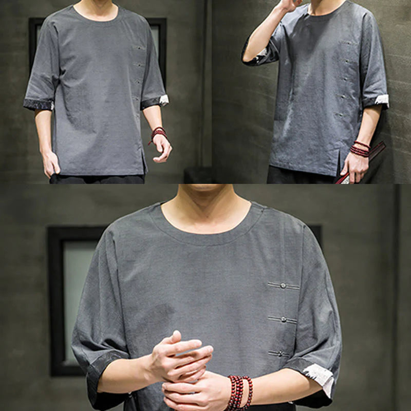 Buddha Stones Summer Retro Solid Color Patchwork Design Men's Three Quarter Sleeve Cotton Linen T-Shirt