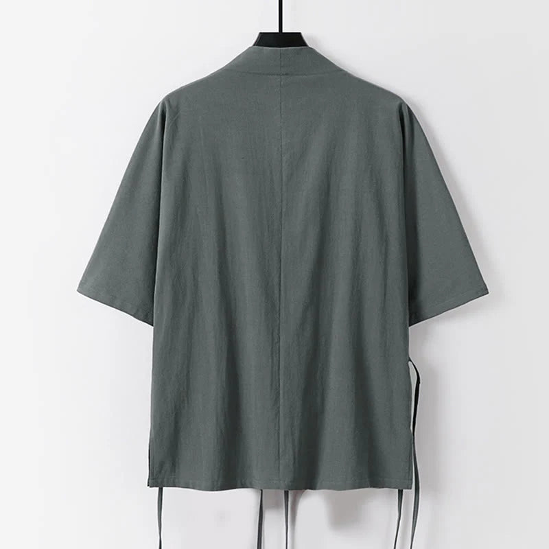 Buddha Stones Plain Lace-up Cotton Linen Men's Three Quarter Sleeve Kimono