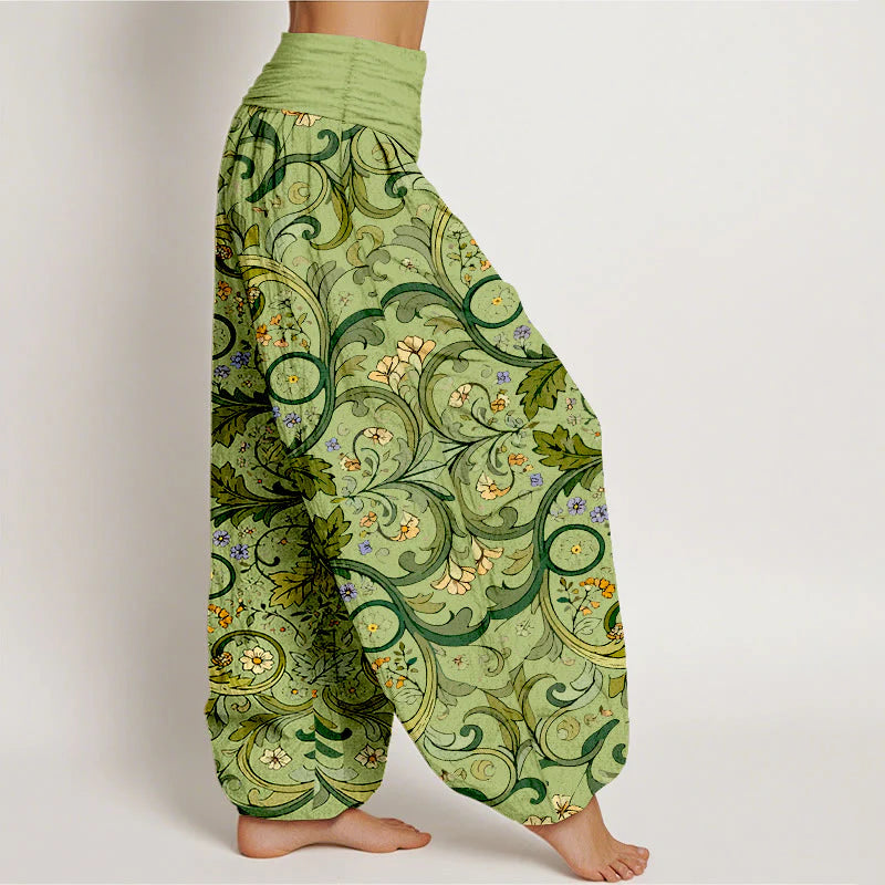 Buddha Stones Pure Cotton Layered Leaves Vines Flowers Pattern Women's Elastic Waist Harem Pants