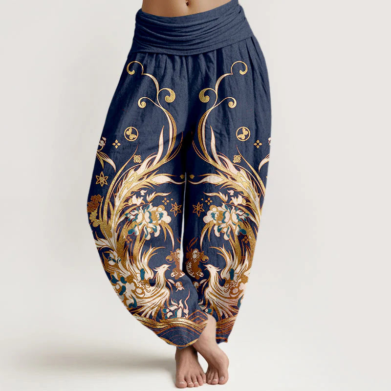 Buddha Stones Cotton Phoenix Butterfly Flower Pattern Women's Elastic Waist Harem Pants