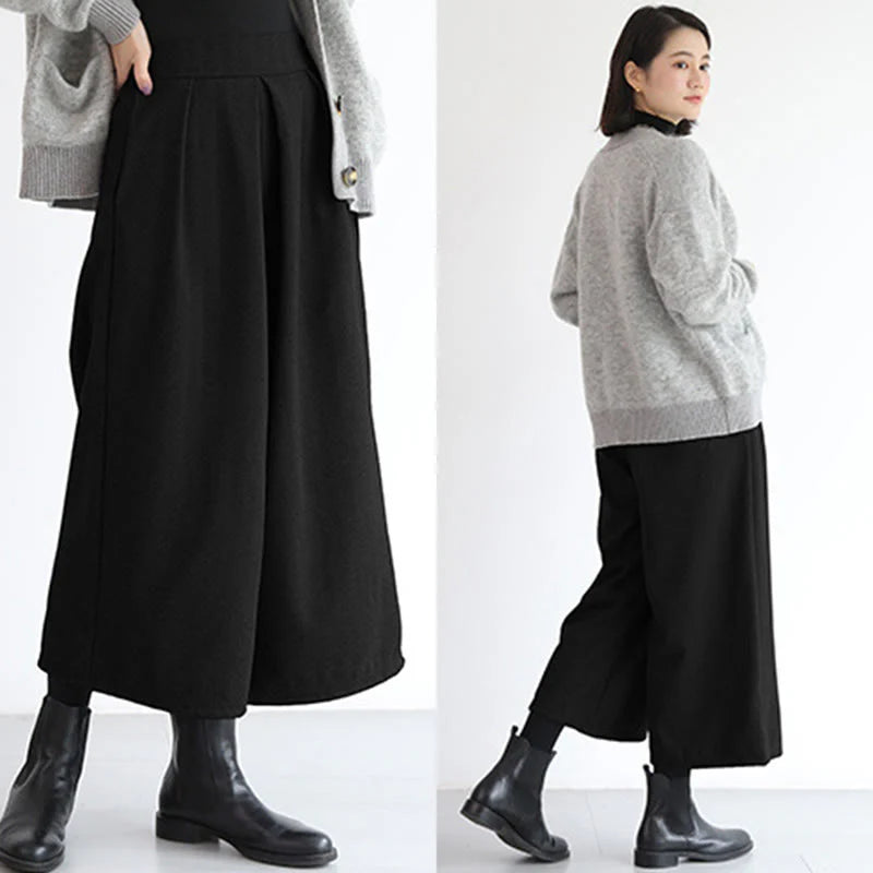 Buddha Stones Plain Elastic Waistband Design Women's 7-8 Length Wide Leg Pants With Pockets