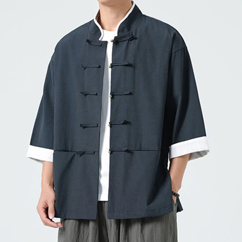 Buddha Stones Spring Solid Color Three Quarter Sleeve Tang Suit Men's Buttons Shirt With Pockets