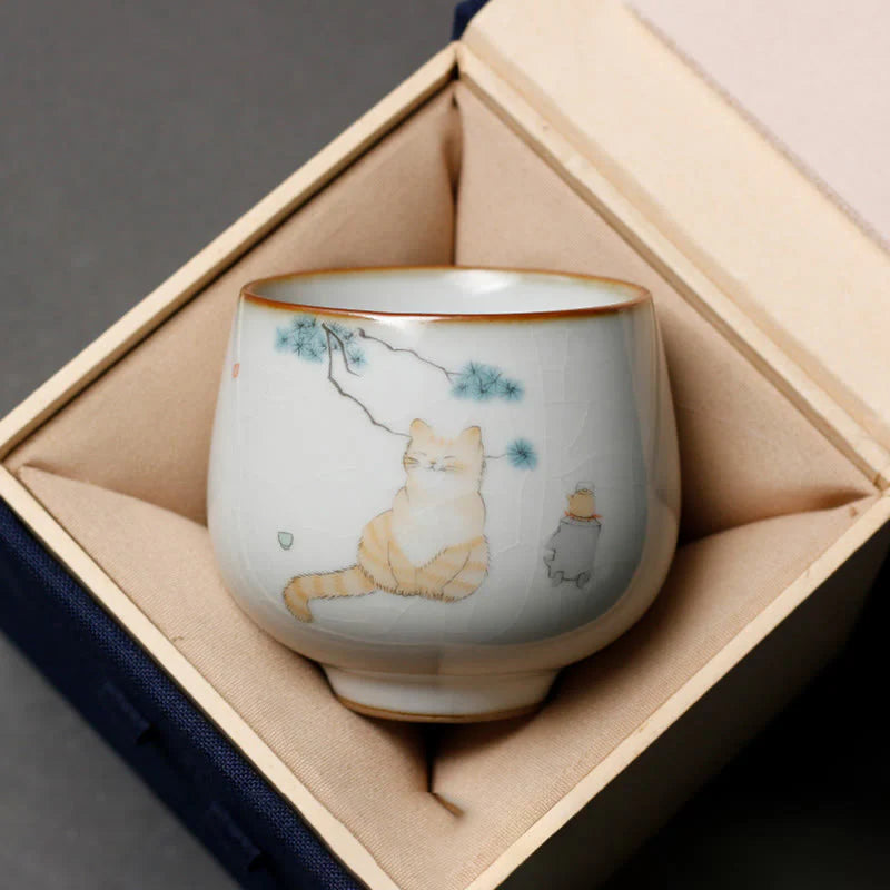 Buddha Stones Cute Cat Branches Teacup Kung Fu Tea Cup With Gift Box