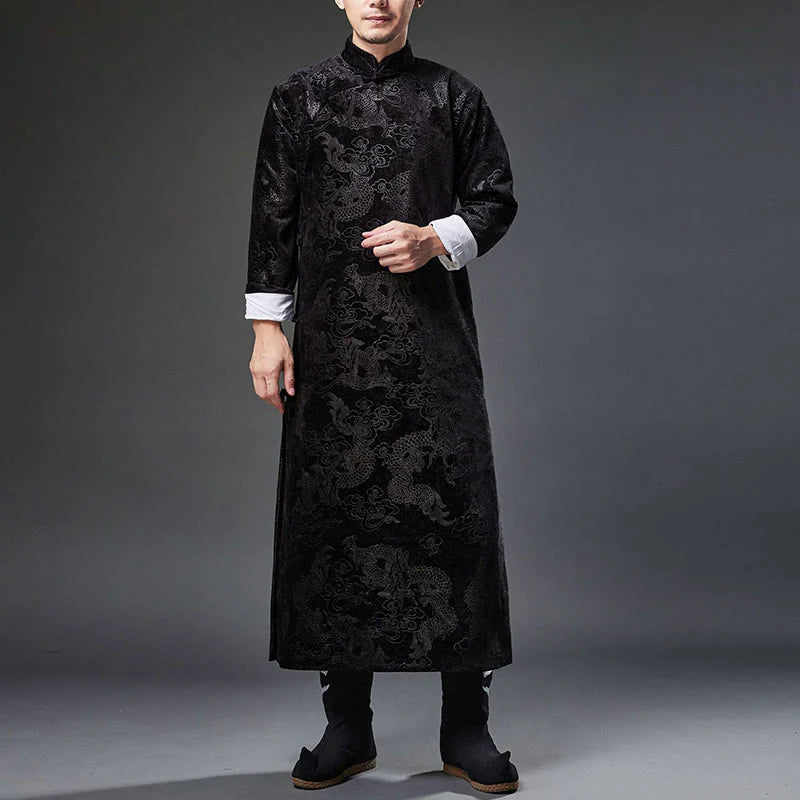 Buddha Stones Vintage Fall Winter Chinese Frog-Button Tang Suit Men's Dragon Jacquard Robe With Pockets