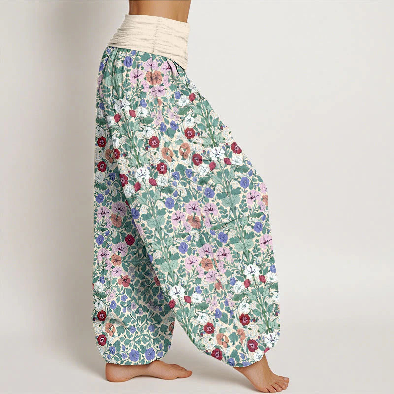 Buddha Stones Cotton Softly Colored Flower Leaf Pattern Women's Elastic Waist Harem Pants