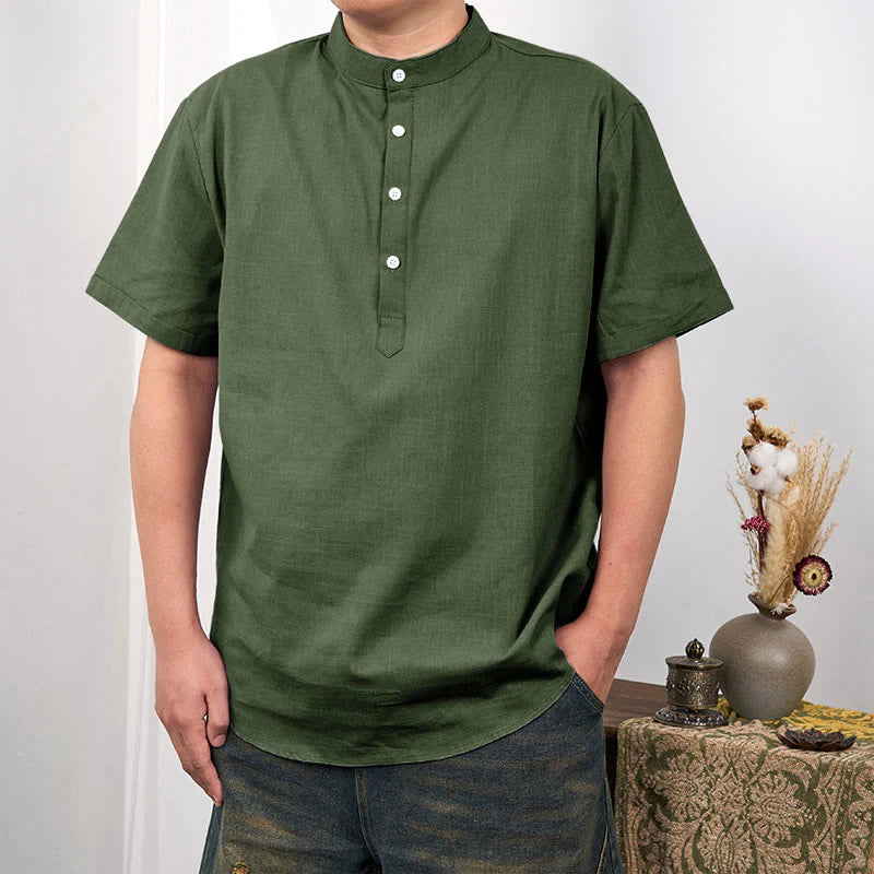 Buddha Stones Men's Plain Color Short Sleeve Half Button Cotton Linen Shirt