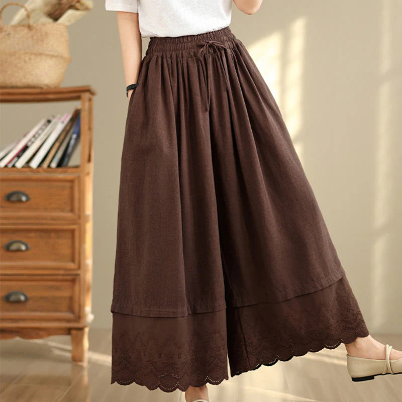 Buddha Stones Spring Embroidery Lace Hem Patchwork Drawstring Design Women's Wide Leg Cotton Pants With Pockets