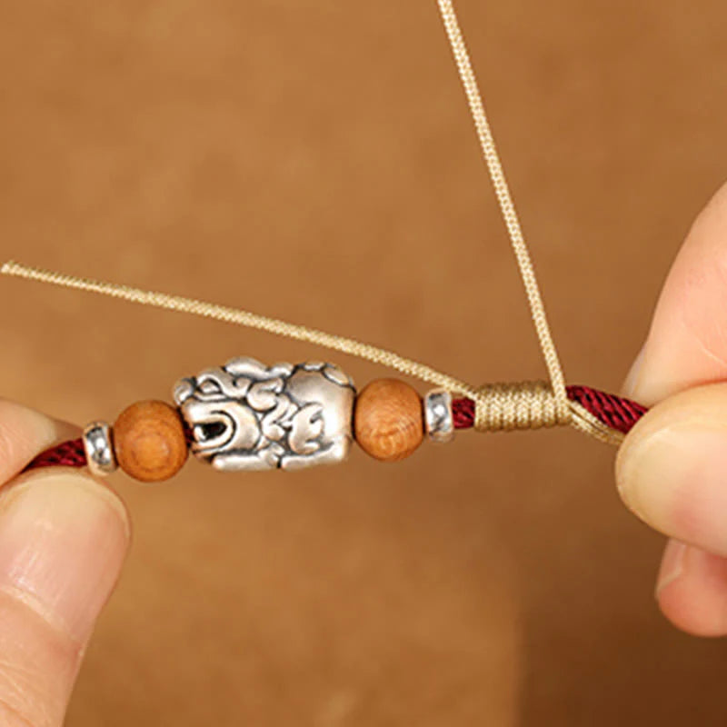 Buddha Stones 999 Sterling Silver Pixiu Charm Peach Wood Bead Handmade String Braided Luck Bracelet Anklet
