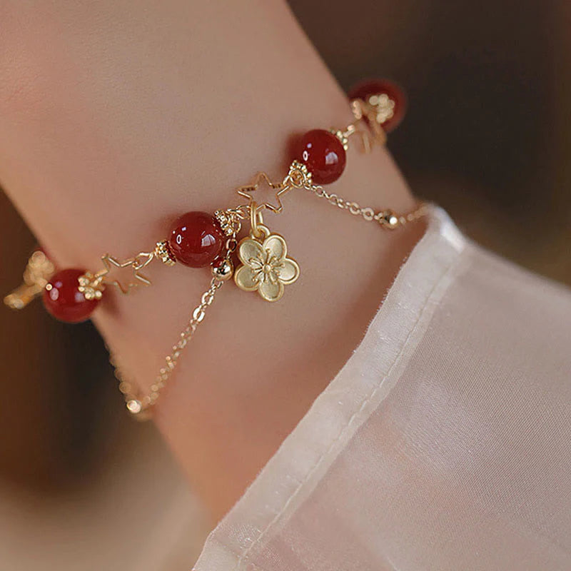 Buddha Stones 14k Gold Plated Red Agate Star Flower Charm Calm Bracelet