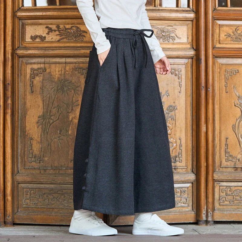 Buddha Stones Winter Chinese Frog-Button Design Corduroy Thermal Men's Wide Leg Pants With Pockets