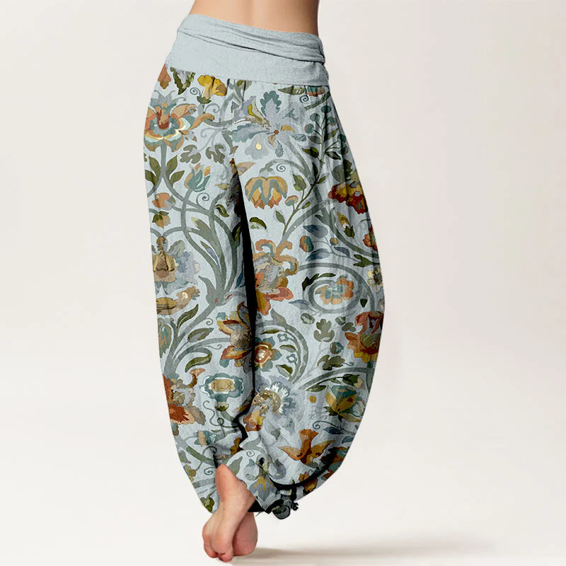 Buddha Stones Cotton Retro Flowers Vines Bird Pattern Women's Elastic Waist Harem Pants