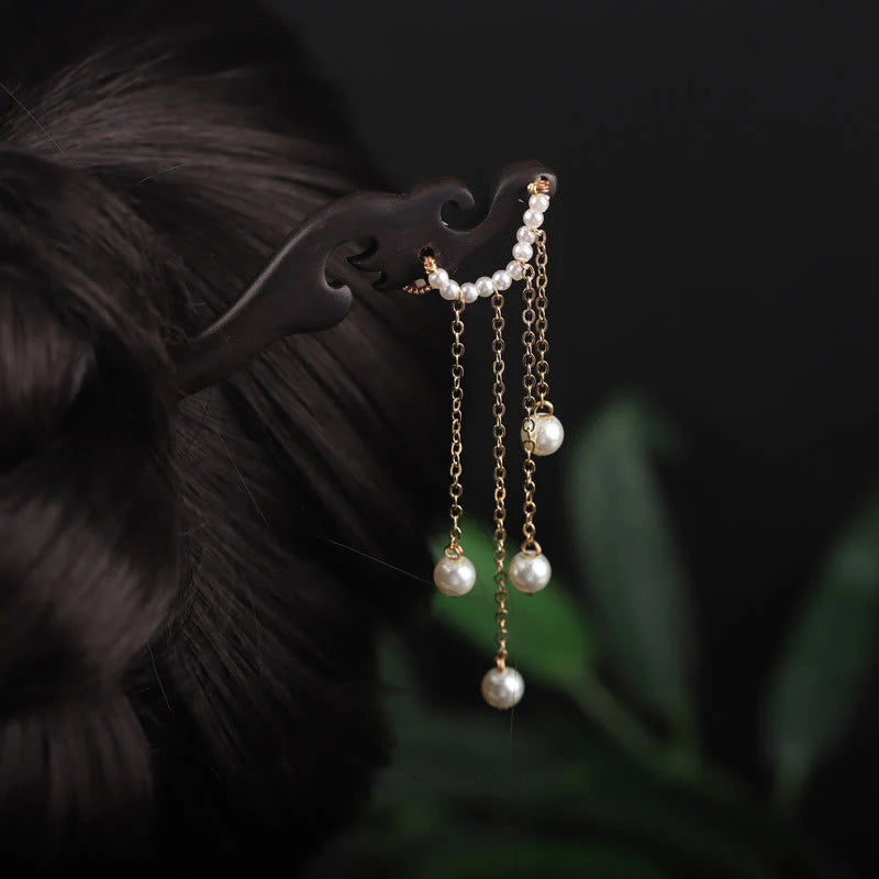 Buddha Stones Ebony Shell Flower Pearl Tassel Blessing Hairpin
