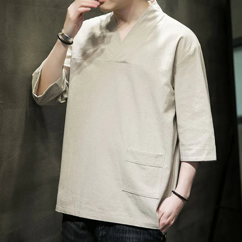Buddha Stones Summer Casual Simple V-Neck Design Men's Cotton Linen Three Quarter Sleeve T-Shirt With Front Pocket