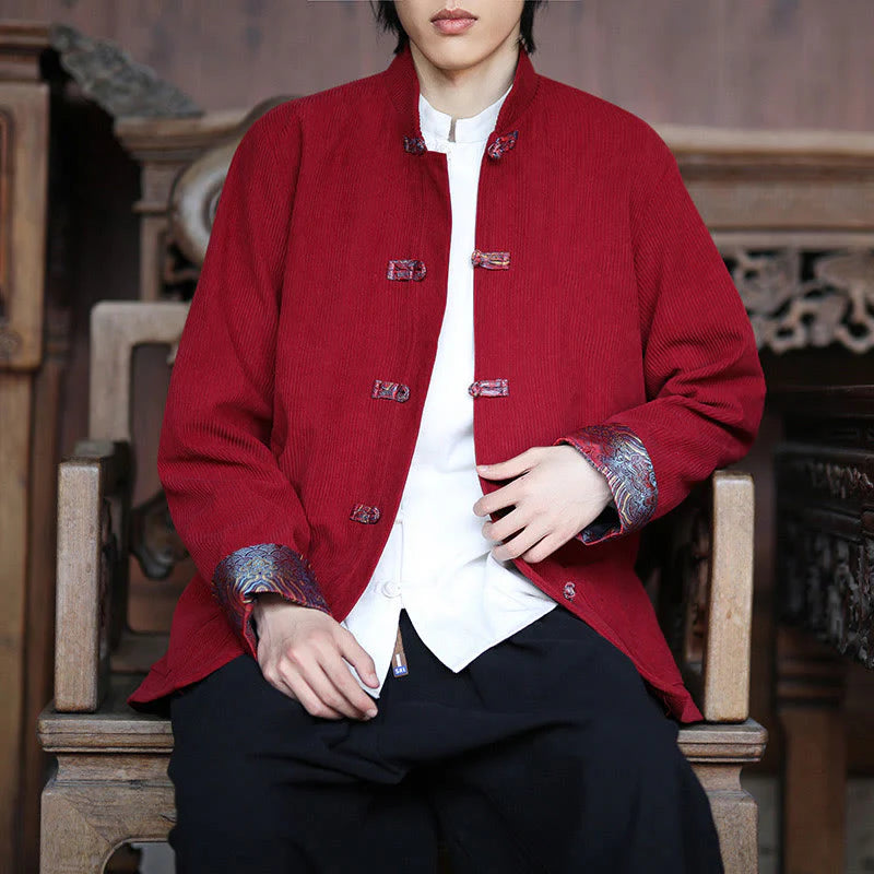 Buddha Stones Spring Jacquard Frog-Button Men's Cotton Corduroy Long Sleeve Jacket With Pockets