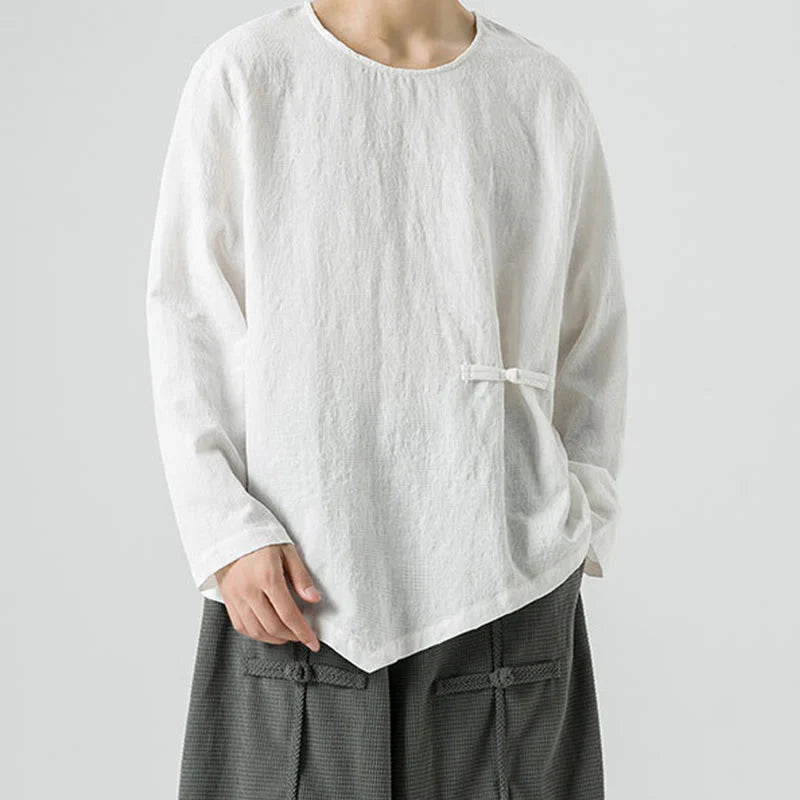 Buddha Stones Men's Chinese Frog-Button Plain Design Cotton Long Sleeve T-Shirt Zen Clothing