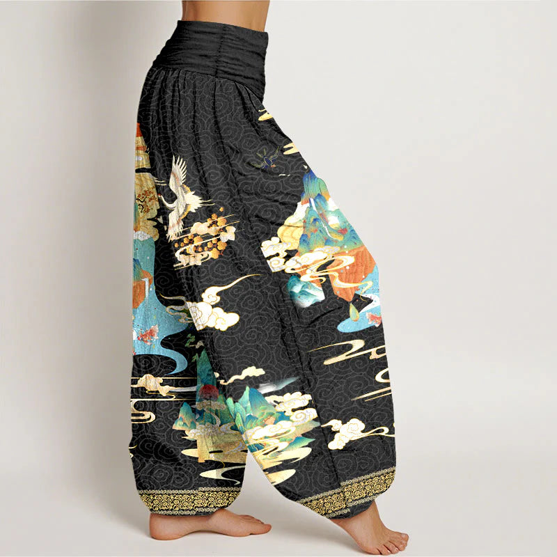 Buddha Stones Pure Cotton Landscape Cranes Clouds Pattern Women's Elastic Waist Harem Pants